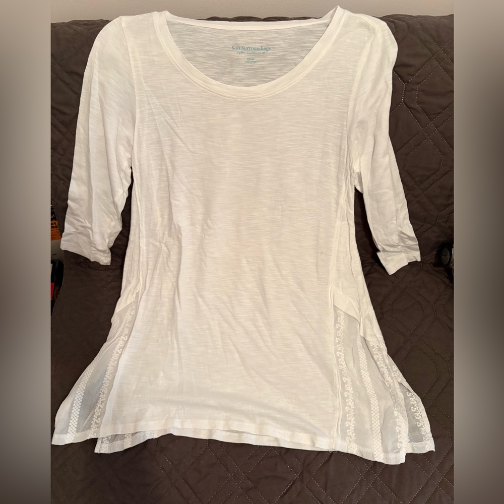 Soft Surroundings White 3/4 Sleeve Top with Lace Accents and slits on sides  XS